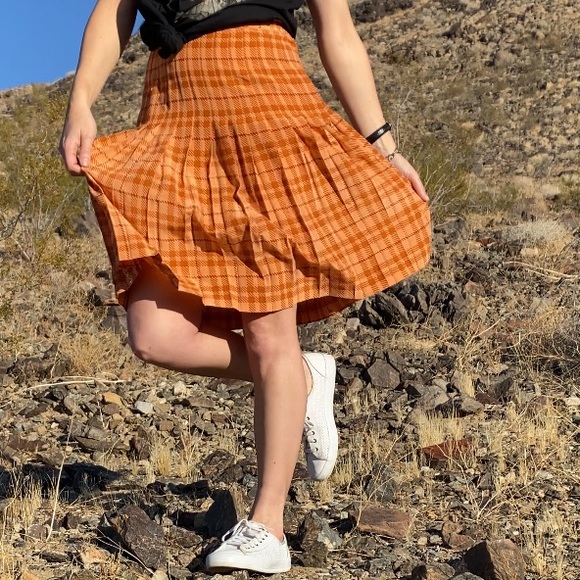 High waist preppy orange plaid pleated midi skirt - Picture 4 of 16
